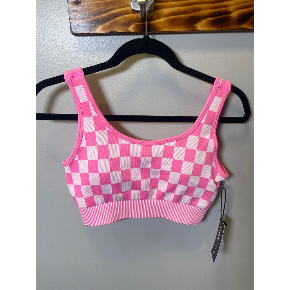 Kimberly C Pink White Checkered Sports Bra Ribbed Crop Top Medium NWT